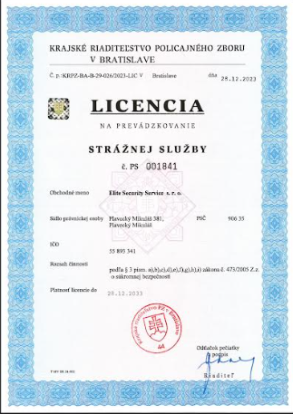 Security License Certificate PS 001841